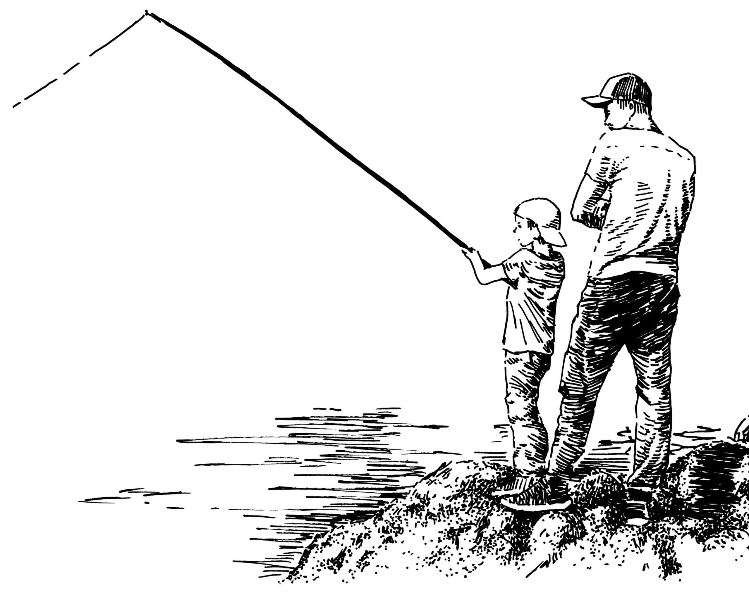 A person watches while another person holds a fishing rod near the edge of a body of water.